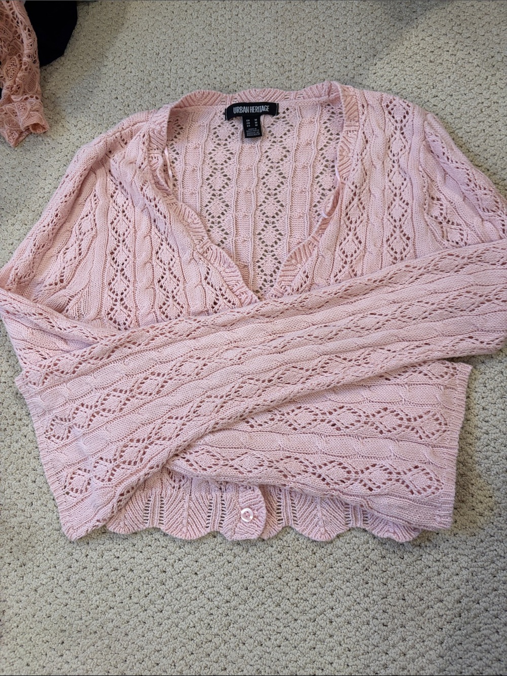 Urban Heritage Light Pink Openwork V-Neck Cardigan with Flare Sleeves